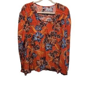 Old Navy Blouse Women's 2X Orange Floral Long Sleeve Popover Office Boho Casual
